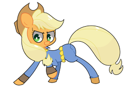Size: 3000x2100 | Tagged: safe, artist:turtlefarminguy, character:applejack, clothing, fallout, female, looking at you, raised hoof, simple background, solo, vault suit