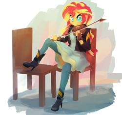 Size: 5192x4860 | Tagged: safe, artist:darkflame75, character:sunset shimmer, my little pony:equestria girls, airbrush, chair, cute, female, high heels, musical instrument, signature, solo, violin