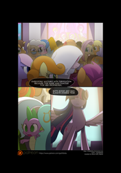 Size: 3541x5016 | Tagged: safe, artist:gashiboka, character:applejack, character:big mcintosh, character:caramel, character:carrot top, character:eclair créme, character:fluttershy, character:golden harvest, character:lyra heartstrings, character:mayor mare, character:scootaloo, character:spike, character:twilight sparkle, character:twilight sparkle (alicorn), species:alicorn, species:dragon, species:earth pony, species:pegasus, species:pony, comic:recall the time of no return, comic, four step, grimdark series, majestic, patreon, patreon logo