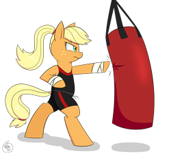 Size: 2000x1800 | Tagged: safe, artist:notenoughapples, character:applejack, species:pony, newbie artist training grounds, alternate hairstyle, bipedal, clothing, female, ponytail, punch, punching bag, simple background, solo, transparent background
