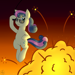 Size: 1800x1800 | Tagged: safe, artist:notenoughapples, character:bon bon, character:sweetie drops, bon bond, cool guys don't look at explosions, explosion, female, frown, rope, solo, sunglasses, swinging