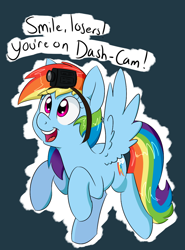 Size: 932x1261 | Tagged: safe, artist:notenoughapples, character:rainbow dash, species:pegasus, species:pony, camera, cute, female, gopro, mare, open mouth, pun, smiling, solo, spread wings, wings