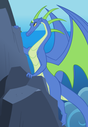 Size: 600x862 | Tagged: safe, artist:queencold, oc, oc only, oc:frazzle, species:dragon, climbing, cloud, dragon oc, dragoness, mountain, ocean, older, solo