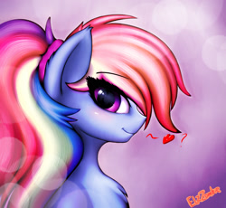 Size: 1722x1584 | Tagged: safe, artist:elzzombie, character:rainbow dash, species:pony, alternate hairstyle, bust, chest fluff, cute, dashabetes, ear fluff, female, floating heart, heart, looking at you, mare, ponytail, portrait, profile, solo