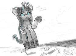 Size: 1076x797 | Tagged: safe, artist:alloyrabbit, oc, oc only, oc:orchid, species:pony, beach, beach towel, giant pony, giantess, glowing eyes, grayscale, macro, monochrome, ocean, open mouth, people, running, sand, solo, text, umbrella, waving