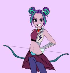 Size: 574x592 | Tagged: safe, artist:rileyav, character:aria blaze, equestria girls:friendship games, g4, my little pony: equestria girls, my little pony:equestria girls, alternate hairstyle, archery, archery clothes, belly button, bow (weapon), clothing, female, grin, midriff, odango, smiling, solo