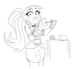 Size: 1034x934 | Tagged: safe, artist:rileyav, character:sonata dusk, my little pony:equestria girls, black and white, cake, caught, eating, female, food, grayscale, monochrome, sketch, solo