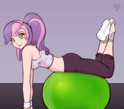 Size: 2413x2136 | Tagged: safe, artist:scorpdk, character:sweetie belle, species:human, adorasexy, clothing, cute, exercise ball, female, humanized, looking at you, midriff, older, open mouth, sexy, solo, tank top, wristband, yoga, yoga pants