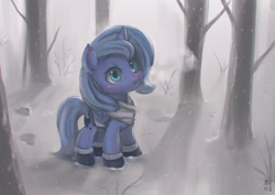 Size: 3508x2480 | Tagged: safe, artist:mrs1989, character:princess luna, species:alicorn, species:pony, blushing, boots, breath, clothing, cute, female, filly, forest, lunabetes, scarf, snow, snowfall, solo, tree, winter, woona