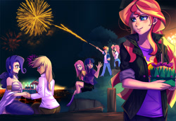 Size: 1400x959 | Tagged: safe, artist:bakki, character:applejack, character:fluttershy, character:pinkie pie, character:rainbow dash, character:rarity, character:sunset shimmer, character:twilight sparkle, species:human, ship:rarijack, alternate mane seven, clothing, female, fireworks, hatless, humanized, lesbian, loy krathong, mane six, missing accessory, night, open mouth, shipping, smiling, thai, thailand