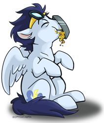 Size: 712x840 | Tagged: safe, artist:spainfischer, character:soarin', species:pony, backwards cutie mark, cute, eyes closed, food, goggles, male, messy eating, pie, sitting, soarinbetes, solo, that pony sure does love pies