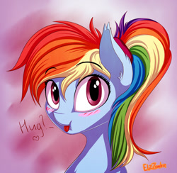 Size: 904x884 | Tagged: safe, artist:elzzombie, character:rainbow dash, species:pony, abstract background, blushing, cute, dashabetes, female, hug request, looking at you, mare, open mouth, ponytail, solo, tongue out
