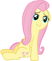 Size: 7000x8200 | Tagged: safe, artist:tardifice, edit, character:fluttershy, episode:tanks for the memories, g4, my little pony: friendship is magic, absurd resolution, bedroom eyes, female, full body, implied rainbow dash, offscreen character, photoshop, simple background, sitting, smiling, solo, transparent background, vector, vector edit