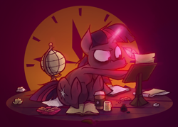 Size: 1280x917 | Tagged: safe, artist:capnpea, character:twilight sparkle, book, coffee, cookie, female, globe, glow, glowing horn, ink, solo, writing