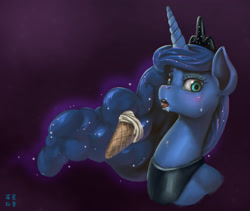Size: 2319x1960 | Tagged: safe, artist:mrs1989, character:princess luna, species:alicorn, species:pony, blushing, bust, caught, constellation, ethereal mane, featured on derpibooru, female, food, galaxy mane, glowing horn, gradient background, ice cream, levitation, looking at you, magic, messy eating, open mouth, solo, sweat, telekinesis, tongue out, wide eyes