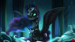 Size: 5334x3000 | Tagged: safe, artist:alumx, character:nightmare moon, character:princess luna, species:pony, episode:the cutie re-mark, absurd resolution, adorkable, alternate timeline, cross-eyed, cute, dork, female, moonabetes, nightmare takeover timeline, portrait, silly, silly pony, smiling, solo, spread wings, three quarter view, waist up, wings