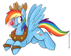 Size: 890x703 | Tagged: safe, artist:spainfischer, character:rainbow dash, species:deer, species:reindeer, antlers, female, glowing nose, open mouth, reindeer dash, rudolph dash, simple background, solo, transparent background