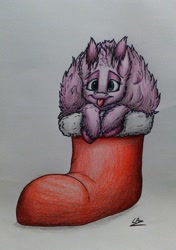 Size: 1911x2714 | Tagged: safe, artist:lupiarts, part of a set, oc, oc only, oc:fluffle puff, species:pony, advent calendar, christmas stocking, goomba's shoe, solo, traditional art