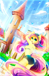 Size: 1822x2822 | Tagged: safe, artist:koveliana, character:angel bunny, character:fluttershy, species:anthro, armpits, bikini, building, chromatic aberration, clothing, color porn, female, hat, solo, stupid sexy fluttershy, summer, swimsuit, tower, transparent wings