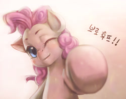 Size: 2448x1932 | Tagged: safe, artist:mrs1989, character:pinkie pie, species:earth pony, species:pony, female, hoofbump, korean, looking at you, solo