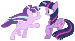 Size: 12600x7000 | Tagged: safe, artist:tardifice, character:starlight glimmer, character:twilight sparkle, character:twilight sparkle (alicorn), species:alicorn, species:pony, episode:the cutie re-mark, absurd resolution, eye contact, female, frown, gritted teeth, height difference, mare, open mouth, pointing, raised hoof, raised leg, simple background, transparent background, vector, wide eyes, windswept mane