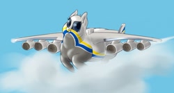 Size: 1280x685 | Tagged: safe, artist:calorie, oc, oc only, species:plane pony, species:pony, antonov 225, cloud, fat, jet, looking at you, original species, plane, solo