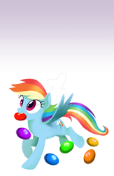 Size: 1024x1569 | Tagged: safe, artist:gashiboka, character:rainbow dash, species:pegasus, species:pony, backwards cutie mark, candy, cute, female, food, lock screen, mouth hold, skittles, solo, watermark