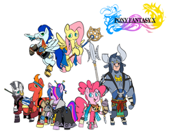 Size: 978x783 | Tagged: safe, artist:metal-kitty, character:big mcintosh, character:fluttershy, character:iron will, character:pinkie pie, character:princess luna, character:soarin', character:twilight sparkle, character:zecora, species:earth pony, species:pony, species:zebra, auron, crossover, final fantasy, final fantasy x, kimahri, male, rikku, stallion, tidus, wakka, yuna