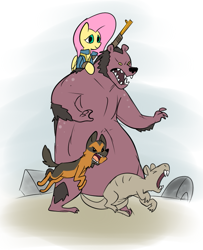 Size: 641x791 | Tagged: safe, artist:metal-kitty, character:fluttershy, species:dog, species:pegasus, species:pony, bear, crossover, description at source, description is relevant, dogmeat, fallout, fallout 4, female, gun, hooves, mare, naked mole rat, open mouth, pipe rifle, ponies riding bears, rifle, sniper rifle, weapon, wings, yao guai