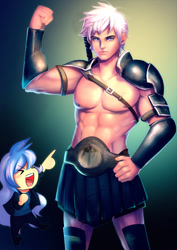 Size: 990x1400 | Tagged: safe, artist:bakki, oc, oc only, oc:lyoko hope, oc:silver spark, species:human, abs, armor, barely pony related, blue eyes, chibi, commission, flexing, humanized, humanized oc, lyover, muscles, pecs, unconvincing armor