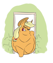 Size: 552x656 | Tagged: safe, artist:calorie, character:applejack, species:earth pony, species:pony, applefat, belly, big belly, bingo wings, chubby cheeks, cracks, doorway, eyes closed, fat, female, gritted teeth, obese, solo, stuck, the ass is monstrously oversized for tight entrance