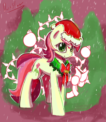Size: 1400x1600 | Tagged: safe, artist:darkflame75, character:roseluck, species:earth pony, species:pony, bow, christmas, christmas wreath, clothing, cute, cuteluck, female, hat, mare, ornament, santa hat, snow, snowfall, solo, wreath