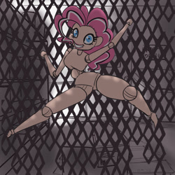 Size: 1200x1200 | Tagged: safe, artist:moronsonofboron, character:pinkie pie, ball joint boutique, ball jointed doll, climbing, creepy, doll, dollified, female, gothic pinkie, nightmare fuel, solo, toy