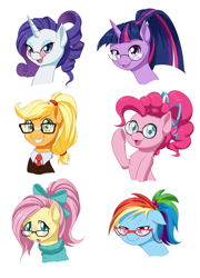 Size: 900x1248 | Tagged: safe, artist:dstears, character:applejack, character:fluttershy, character:pinkie pie, character:rainbow dash, character:rarity, character:twilight sparkle, species:earth pony, species:pegasus, species:pony, species:unicorn, alternate hairstyle, bust, freckles, glasses, mane six, necktie, open mouth, ponytail, smiling