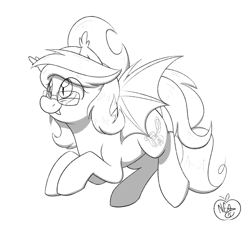 Size: 1280x1152 | Tagged: safe, artist:notenoughapples, oc, oc only, oc:scarlet quill, species:bat pony, species:pony, cute, ear fluff, fangs, flying, glasses, hair bun, reading glasses, signature, sketch, slit eyes, smiling, solo, spread wings, wings