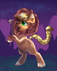 Size: 1200x1493 | Tagged: safe, artist:nalenthi, artist:notenoughapples, character:applejack, applelion, clothing, collaboration, female, night, open mouth, rearing, solo