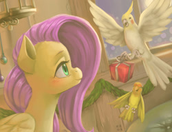 Size: 2480x1908 | Tagged: safe, artist:mrs1989, character:fluttershy, species:bird, christmas, cockatiel, female, gift giving, lovebird, painting, present, solo