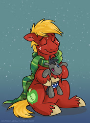 Size: 515x700 | Tagged: safe, artist:spainfischer, character:big mcintosh, character:smarty pants, species:earth pony, species:pony, clothing, eyes closed, male, scarf, sitting, smiling, snow, snowfall, solo, stallion