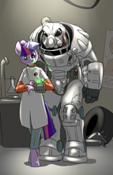 Size: 699x1076 | Tagged: safe, artist:metal-kitty, character:twilight sparkle, species:anthro, species:pony, species:unguligrade anthro, species:unicorn, clothing, crossover, fallout, fallout 4, lab, lab coat, pipboy, power armor, powered exoskeleton, scientist, the institute, tire, x-01 power armor