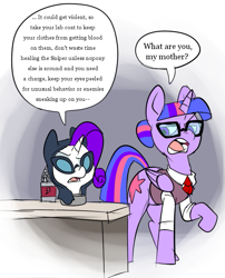 Size: 591x732 | Tagged: safe, artist:metal-kitty, character:rarity, character:twilight sparkle, character:twilight sparkle (alicorn), species:alicorn, species:pony, crossover, dialogue, disembodied head, female, glasses, kill me, later, mare, rarispy, spy, team fortress 2, twi medic