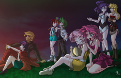 Size: 1600x1030 | Tagged: safe, artist:mauroz, character:applejack, character:big mcintosh, character:fluttershy, character:pinkie pie, character:rainbow dash, character:rarity, character:spike, character:twilight sparkle, species:human, ship:twimac, baby discord, female, humanized, implied discord, male, mane seven, mane six, ponytail, shipping, straight