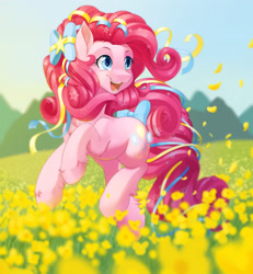 Size: 2000x2164 | Tagged: safe, artist:dstears, character:pinkie pie, cute, female, flower, happy, rainbow power, smiling, solo, starry eyes, unshorn fetlocks, wingding eyes