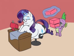 Size: 1280x973 | Tagged: safe, artist:calorie, character:rarity, character:spike, box, chubby chaser, fat, feedee, feeder, obese, raritubby, sewing machine, snacks