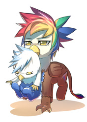 Size: 990x1400 | Tagged: safe, artist:bakki, oc, oc only, oc:gren, oc:rainbow feather, parent:gilda, parent:rainbow dash, parents:gildash, species:classical hippogriff, species:griffon, species:hippogriff, baby, brother and sister, carrying, cute, female, interspecies offspring, magical lesbian spawn, male, next generation, offspring, siblings