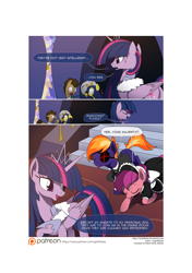 Size: 3541x5016 | Tagged: safe, artist:gashiboka, character:doctor whooves, character:time turner, character:twilight sparkle, character:twilight sparkle (alicorn), oc, oc:sundown, species:alicorn, species:earth pony, species:pony, comic:recall the time of no return, clothing, comic, grimdark series, maid, patreon, patreon logo