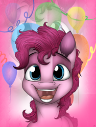 Size: 3000x4000 | Tagged: safe, artist:lupiarts, character:pinkie pie, balloon, female, happy, portrait, solo