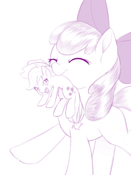 Size: 746x1000 | Tagged: safe, artist:dstears, character:apple bloom, character:applejack, angry, appletini, eyes closed, micro, monochrome, mouth hold, scruff, smiling