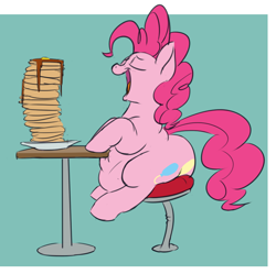 Size: 802x800 | Tagged: safe, artist:calorie, character:pinkie pie, species:earth pony, species:pony, belly, chubby, eyes closed, fat, female, food, obese, open mouth, pancakes, piggy pie, plot, pudgy pie, sitting, smiling, solo, stool, table