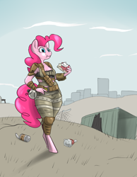 Size: 710x917 | Tagged: safe, artist:metal-kitty, character:pinkie pie, species:anthro, species:unguligrade anthro, baseball, can, crossover, eating, fallout, fallout 4, female, food, grenade, hand on hip, no catchlights, raider armor, solo, sports, wasteland