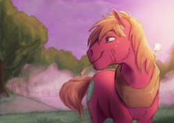 Size: 3610x2550 | Tagged: safe, artist:darkflame75, artist:php130, character:big mcintosh, character:princess luna, species:alicorn, species:earth pony, species:pony, collaboration, dark, hay, horse collar, looking back, scar, smiling, solo focus, tree